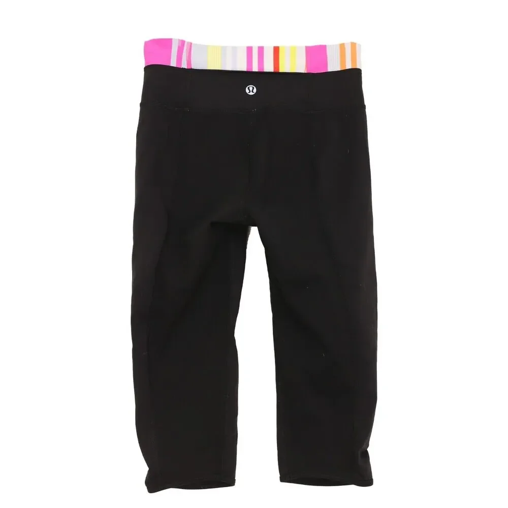 LULULEMON Capri Crop Colorful Waistband Foldover Option Size 2 Black EUC B57